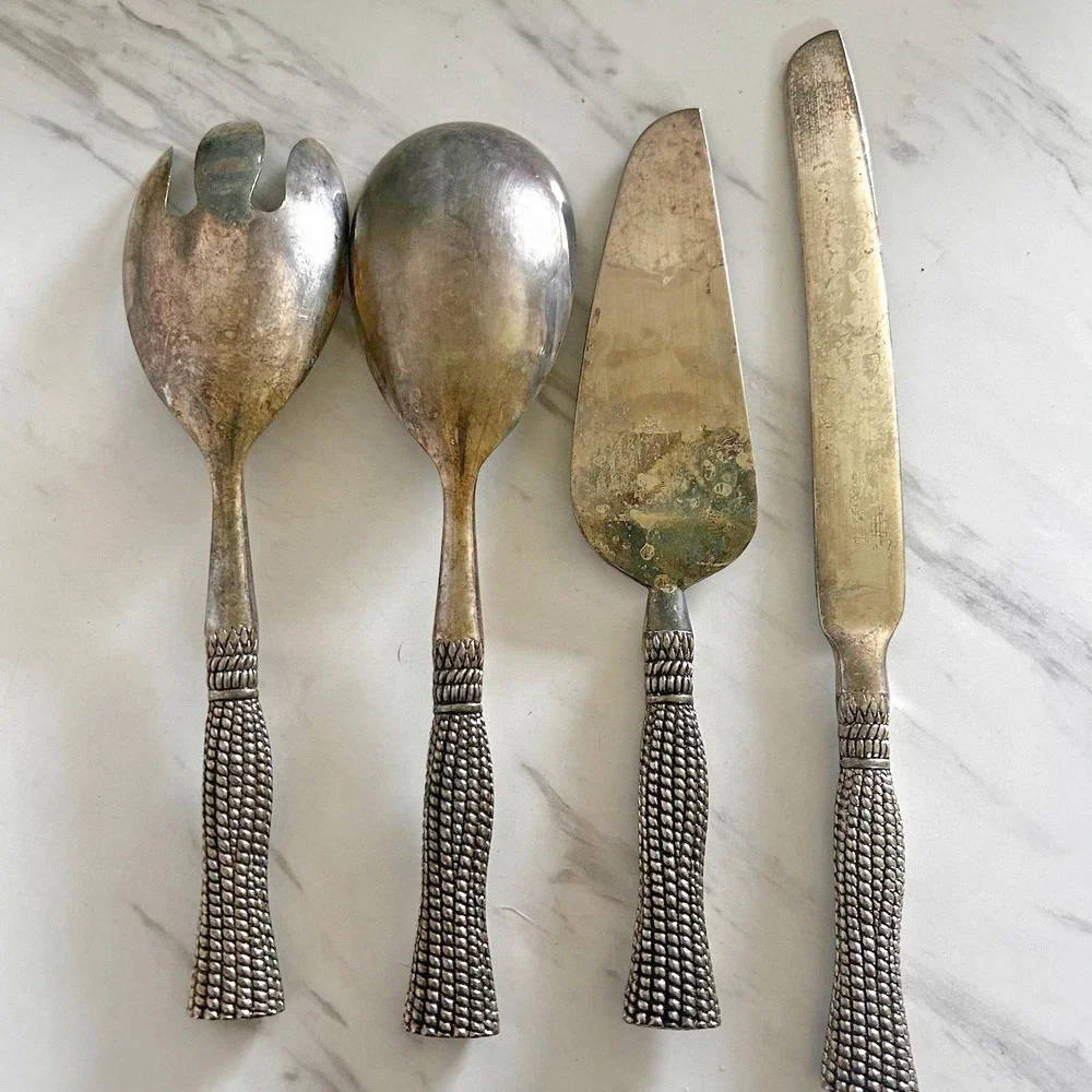 Vintage Silea Serving Set Silverplate Tassel Pattern Handles Meat Fork Spoons A